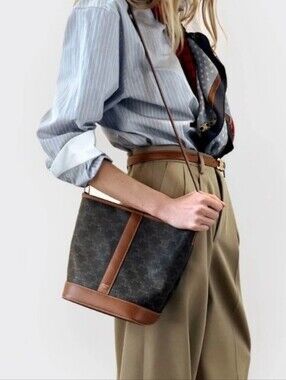 Brand New! Celine Bucket BAG IN Triomphe Canvas and Calfskin UNUSED WITH COA